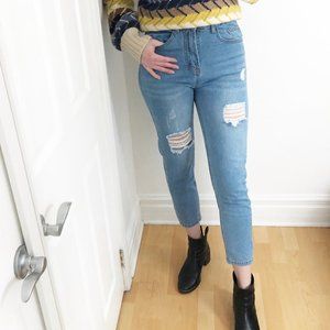 High-Rise Distressed Light Wash Mom Denim Jeans